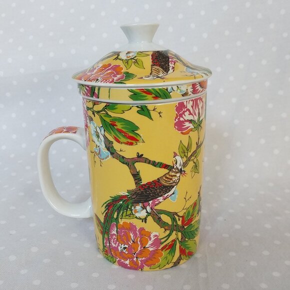 Cost Plus World Market Vintage Ceramic Peacock 3 pc. Tea Infuser Mug w/Lid - Picture 2 of 6